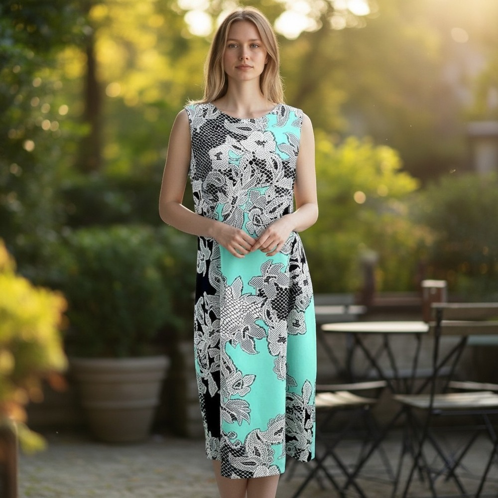 Connected Apparel Sheath Dress Womens 14 Mint Green Floral Lace Print Sleeveless